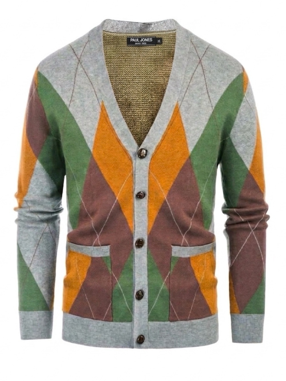 Paul Jones Argyle Button Up Cardigan Sweater Gray Brown Green Mustard Size XL